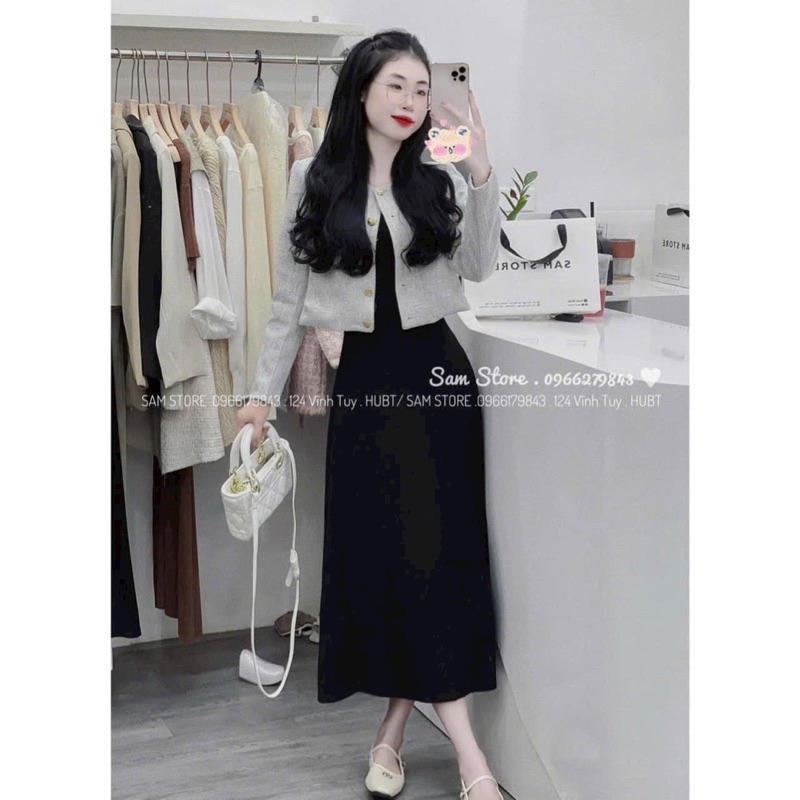 Set váy nữ mặc đi chơi, sét đầm 2 dây đen chất thun tăm lạnh dáng dài kèm áo khoác linen cài nút