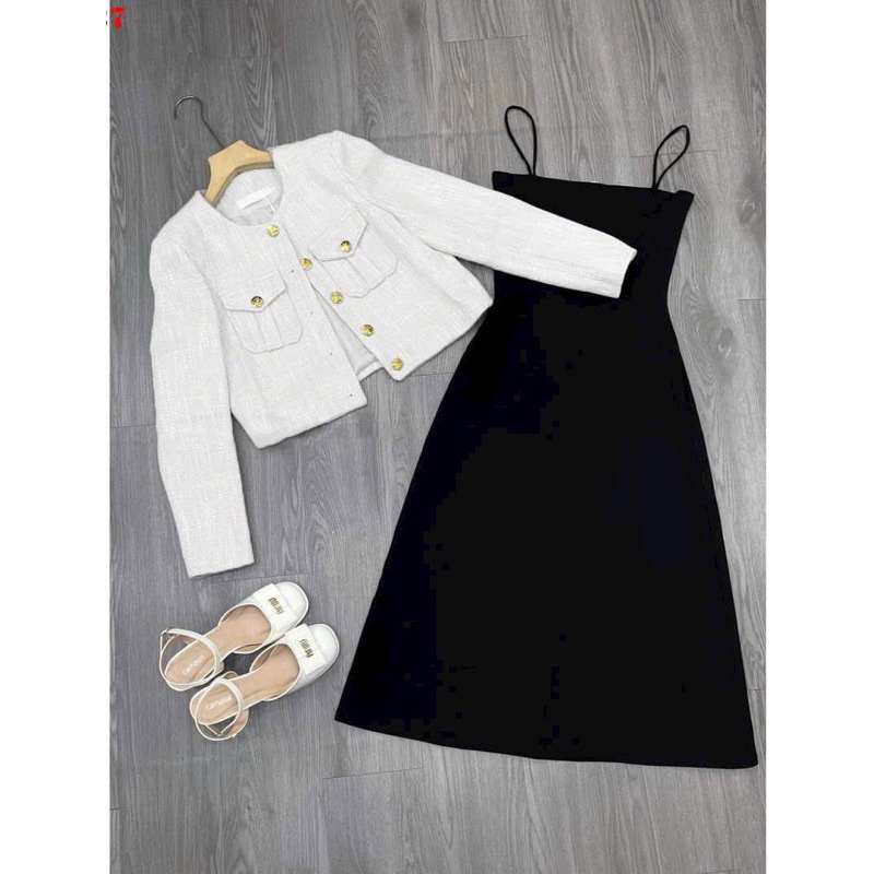 Set váy nữ mặc đi chơi, sét đầm 2 dây đen chất thun tăm lạnh dáng dài kèm áo khoác linen cài nút