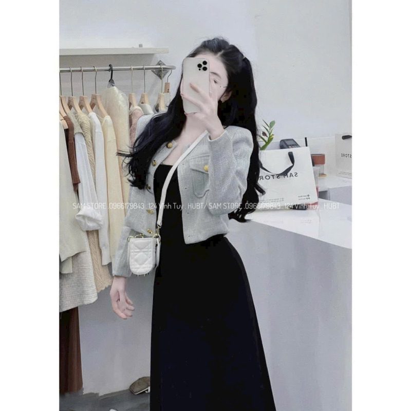Set váy nữ mặc đi chơi, sét đầm 2 dây đen chất thun tăm lạnh dáng dài kèm áo khoác linen cài nút