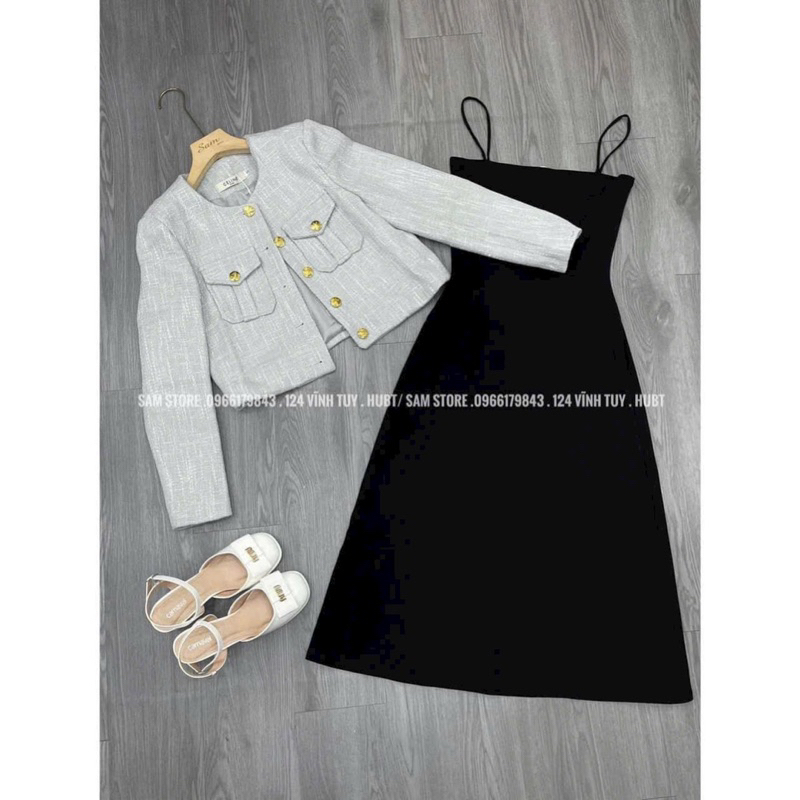 Set váy nữ mặc đi chơi, sét đầm 2 dây đen chất thun tăm lạnh dáng dài kèm áo khoác linen cài nút