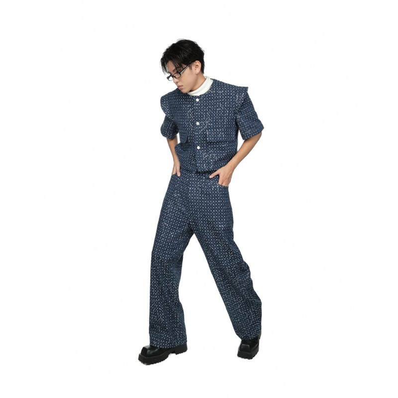 Áo croptop ngắn tay có cầu vai chất liệu denim và quần denim Xevi