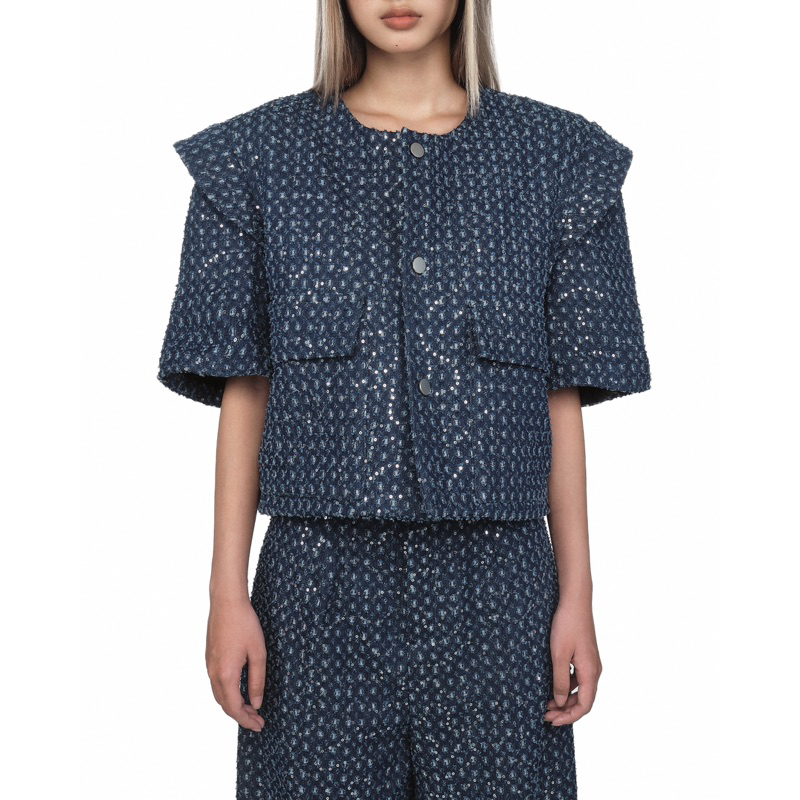 Áo croptop ngắn tay có cầu vai chất liệu denim và quần denim Xevi