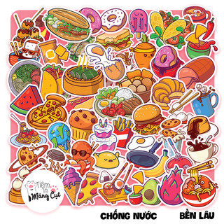 Set 50 stickers món ăn food and drink dán trang trí nón bảo hiểm, laptop, điện thoại