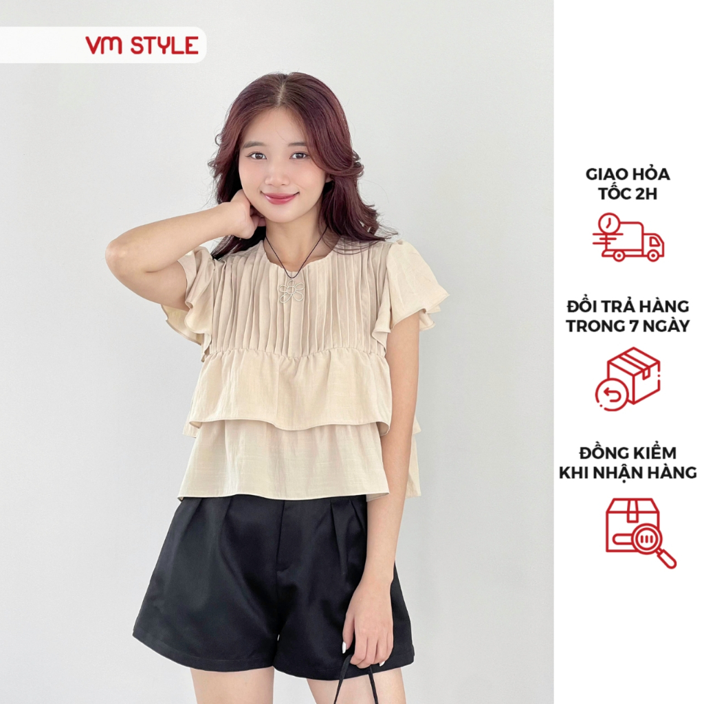 Áo kiểu croptop nữ VMSTYLE tay ngắn babydoll 2 tầng bèo xếp ly ngực dễ thương đi chơi, dạo phố 0300336 - ASU00453