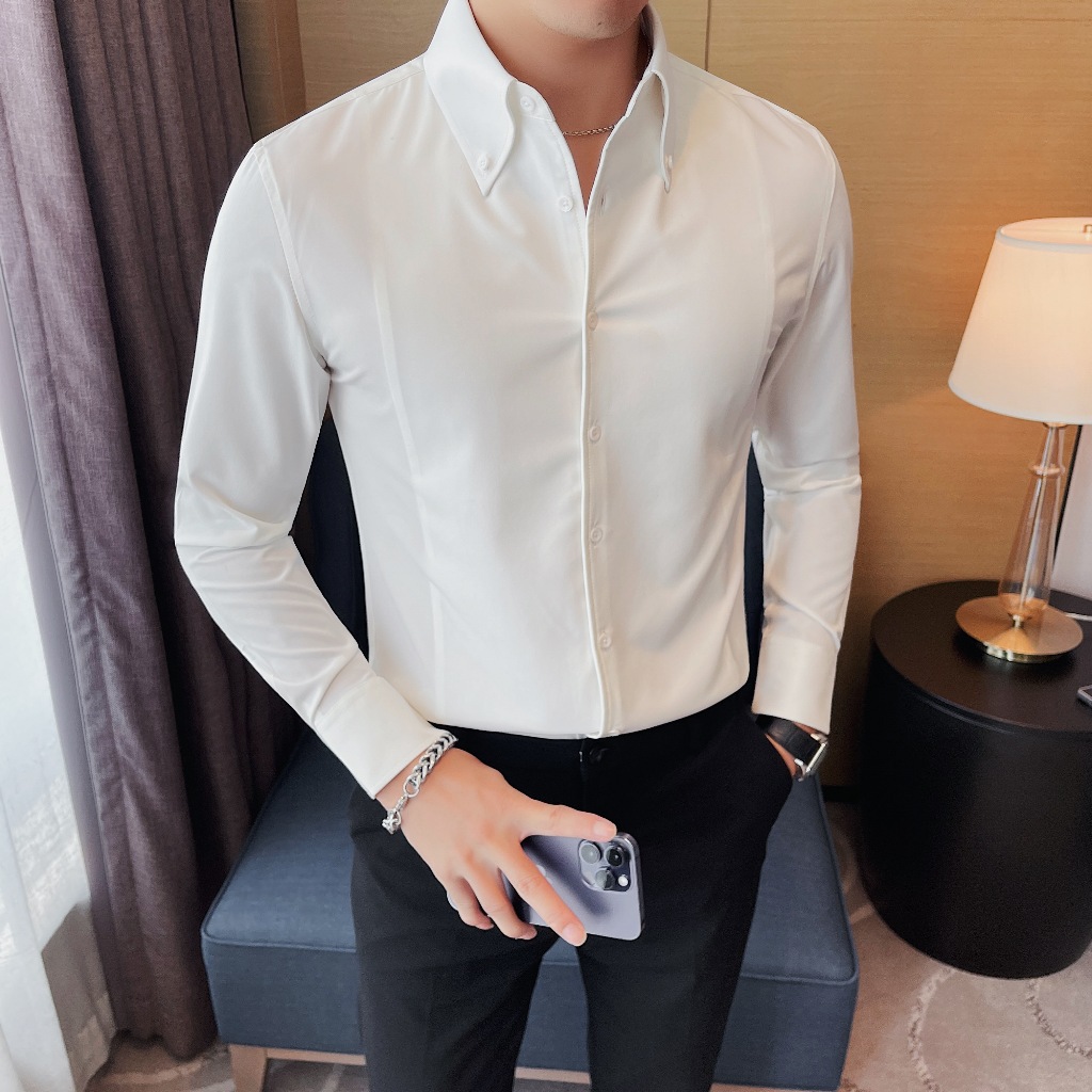 Áo sơ mi nam lụa hàn quốc Luxury , thiết kế cổ Button down , dáng ôm công sở dài tay trẻ trung cao cấp big size vải dày