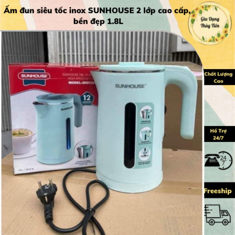 Ấm đun siêu tốc inox SUNHOUSEE 2 lớp cao cấp, bền đẹp 1.8L