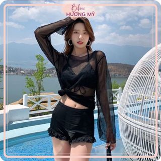 Bikini đồ bơi 3 mảnh  gồm áo yếm buộc dây+quần cạp cao kín đáo + áo khoát lưới cao cấp hàng quảng châu có sẵn