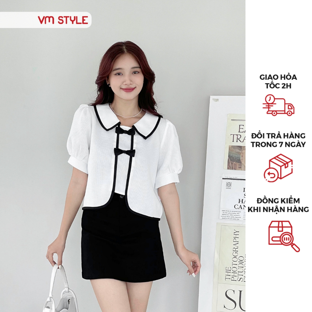 Áo kiểu croptop nữ VMSTYLE tay phồng cổ bẻ viền màu đính nơ trước dễ thương, tiểu thư đi chơi, đi tiệc 13128 - ASU00459