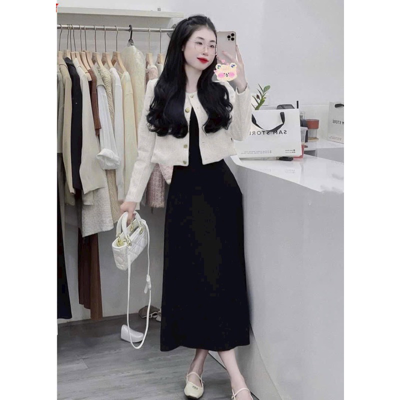 Set váy nữ mặc đi chơi, sét đầm 2 dây đen chất thun tăm lạnh dáng dài kèm áo khoác linen cài nút
