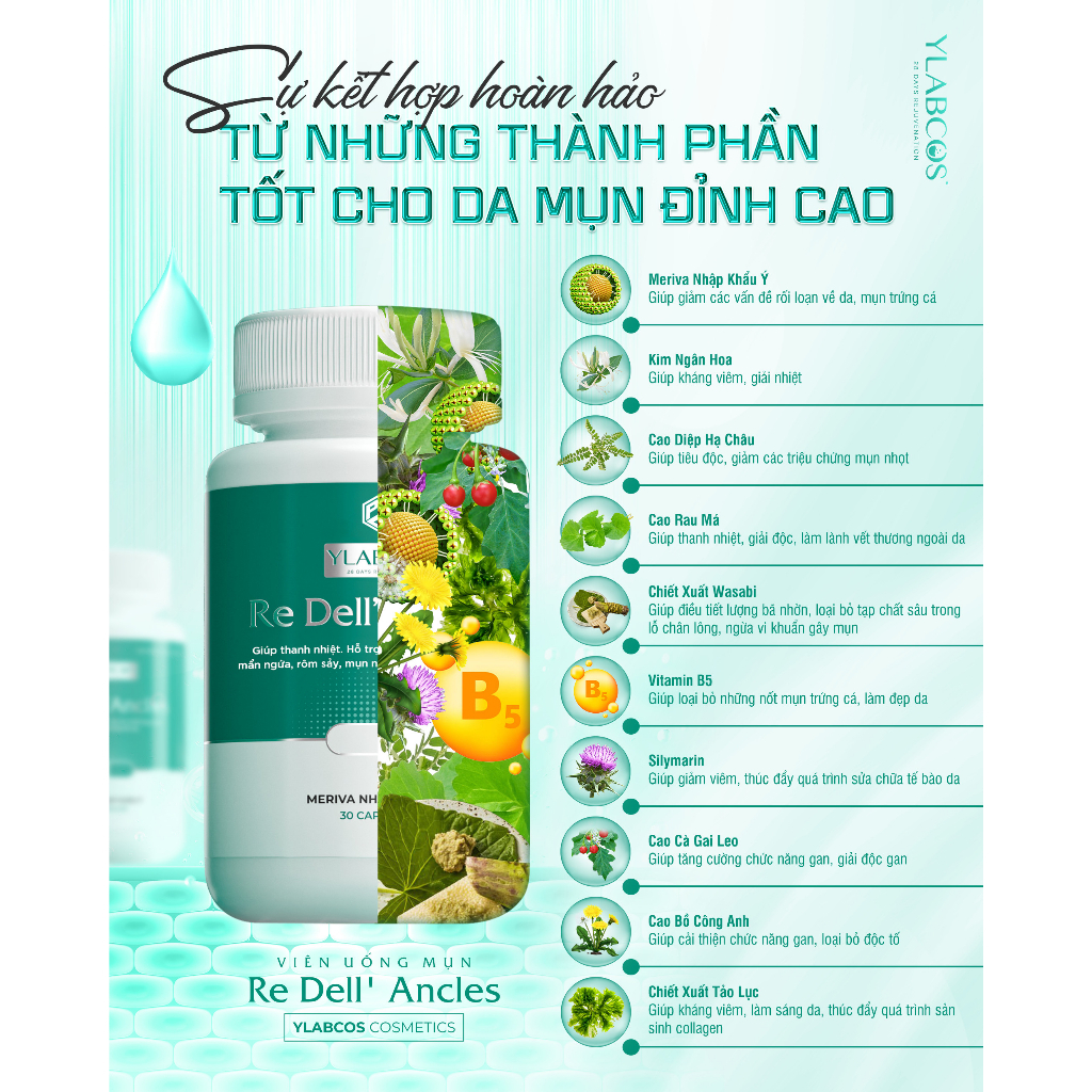 Viên Uống Ngừa Mụn Re Dell Ancles Ylabcos Dr.Lacir Hộp 30 Viên Điều Tiết Bã Nhờn Ngăn Ngừa Mụn Tái Phát