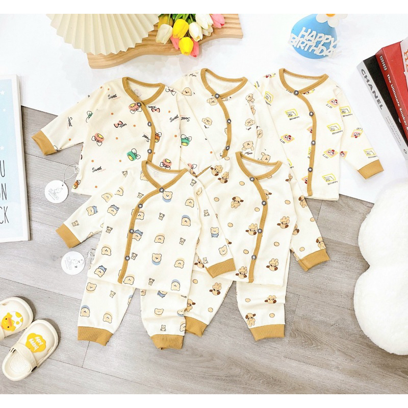 Bộ sơ sinh dài tay tăm gân cho bé, Quần áo thu đông bé trai bé gái khuy chéo Baby