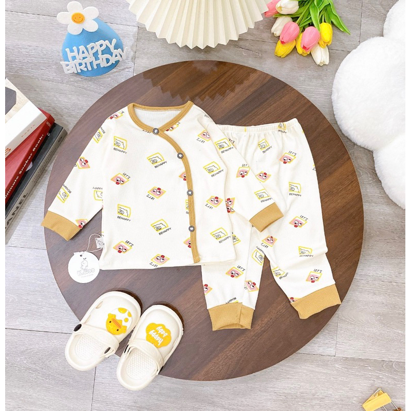 Bộ sơ sinh dài tay tăm gân cho bé, Quần áo thu đông bé trai bé gái khuy chéo Baby