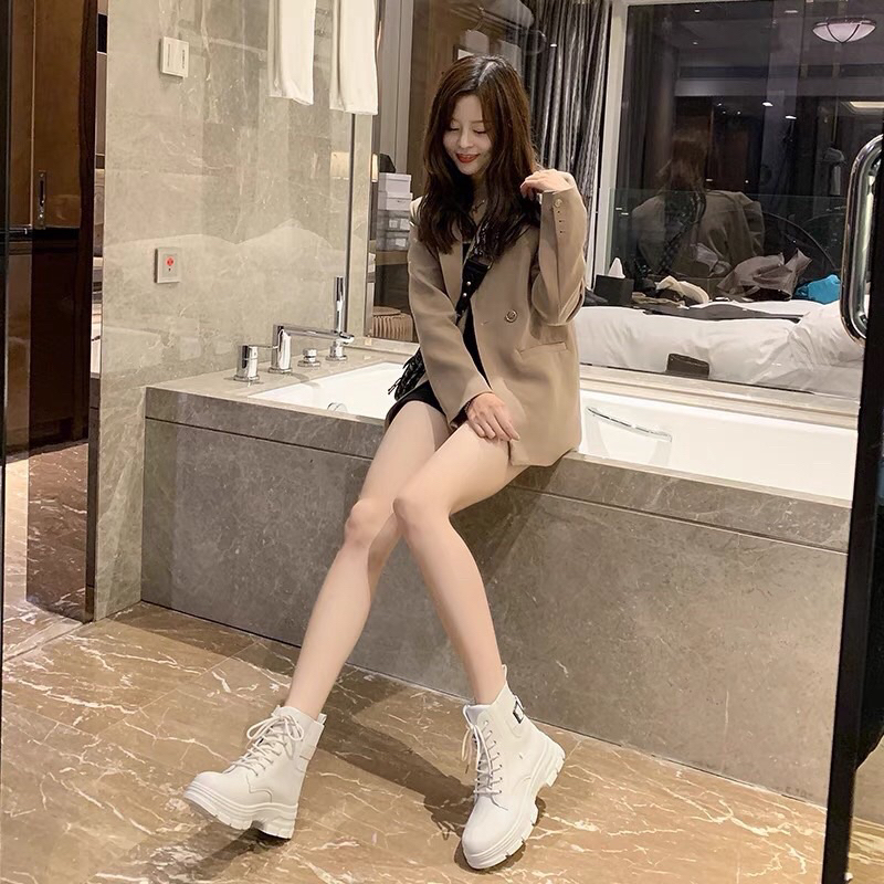 Giày bốt đế bánh mì khoá sau Cao Cấp -boots nữ độn đế cài khuy hàng Xuất