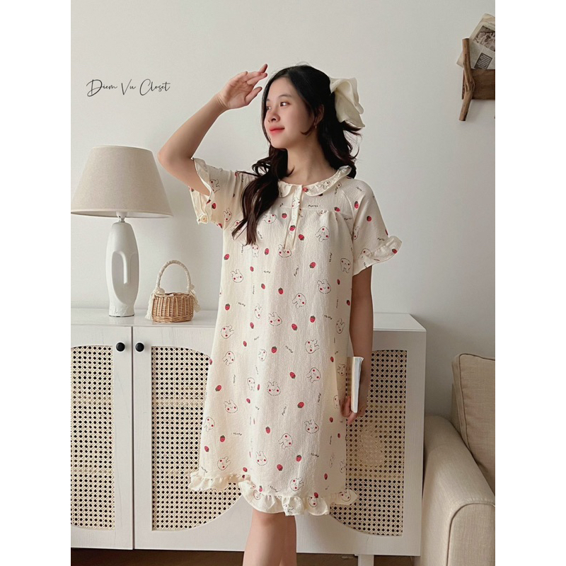 Đầm ngủ nữ chất đũi xốp/ đũi gân viền bèo tiều thư hoạ tiết cute