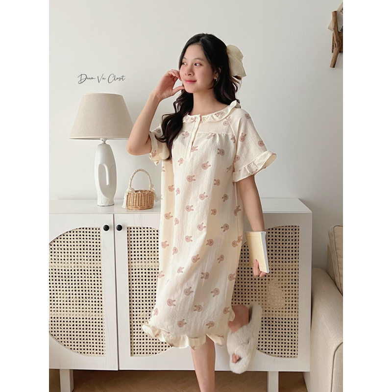 Đầm ngủ nữ chất đũi xốp/ đũi gân viền bèo tiều thư hoạ tiết cute
