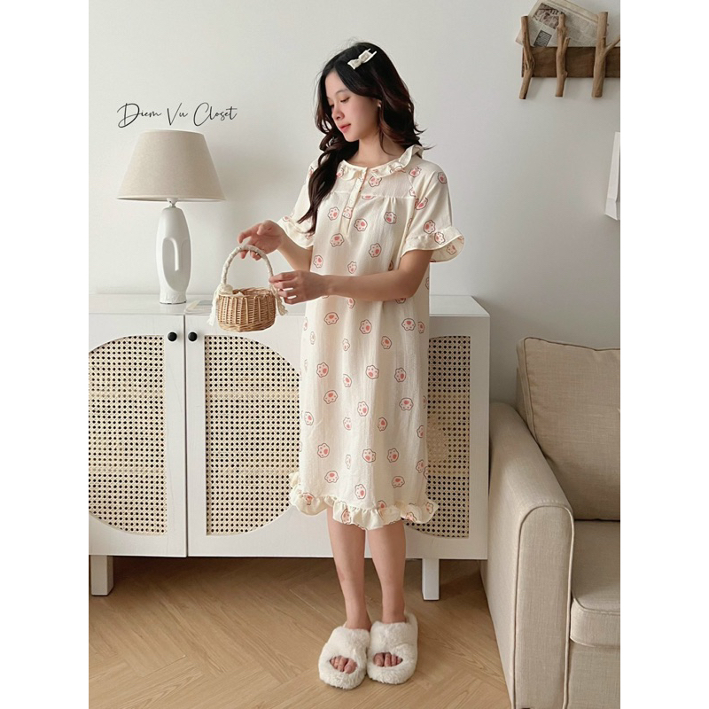 Đầm ngủ nữ chất đũi xốp/ đũi gân viền bèo tiều thư hoạ tiết cute