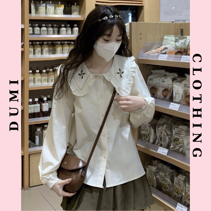 Áo Sơ Mi Nhung Tăm Dài Tay Nữ  Cổ Bèo Phối Viền Tiểu Thư, Áo Sơ Mi Nhung Tăm Vintage Dumi Clothing