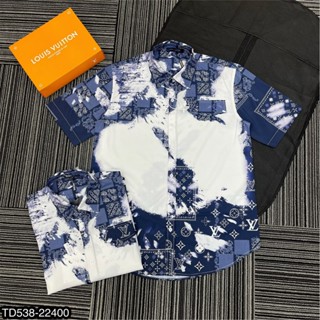 Áo sơ mi nam LV cộc tay màu xanh trắng cực đẹp_Áo sơ mi nam LV cao cấp