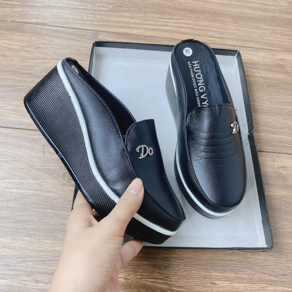 Giày sục nữ chất da lì gót 7cm dáng trung niên mã M2