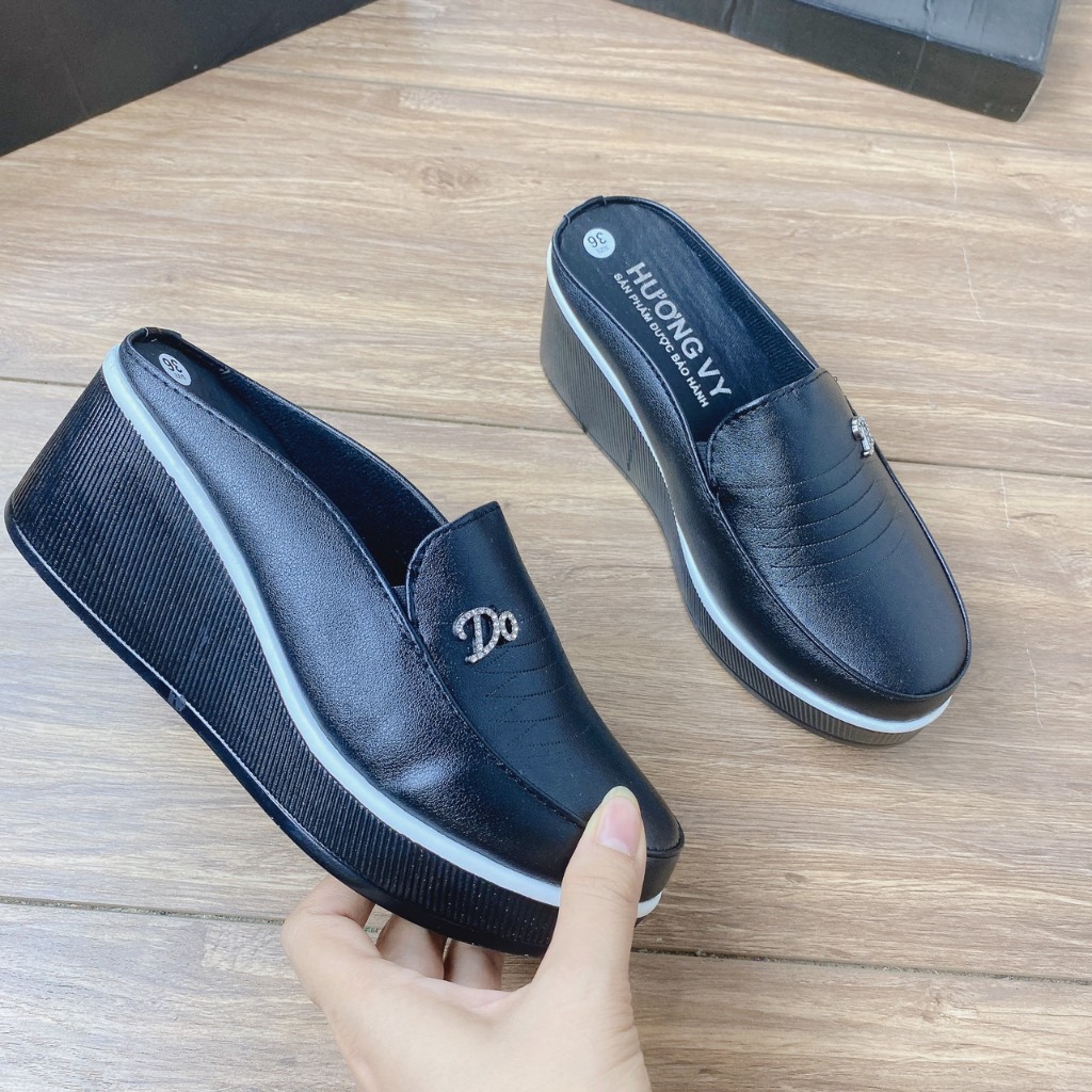 Giày sục nữ chất da lì gót 7cm dáng trung niên mã M2