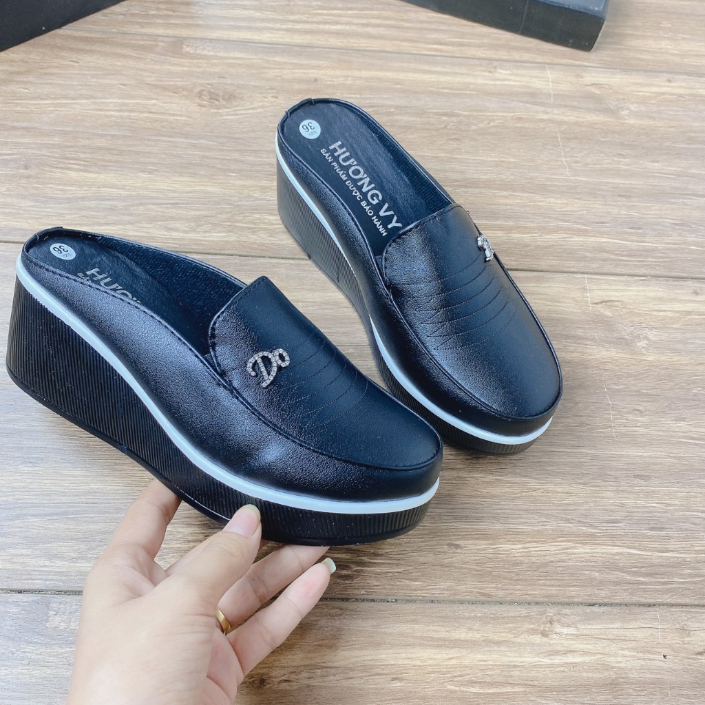 Giày sục nữ chất da lì gót 7cm dáng trung niên mã M2