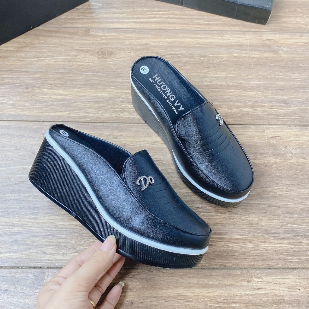 Giày sục nữ chất da lì gót 7cm dáng trung niên mã M2