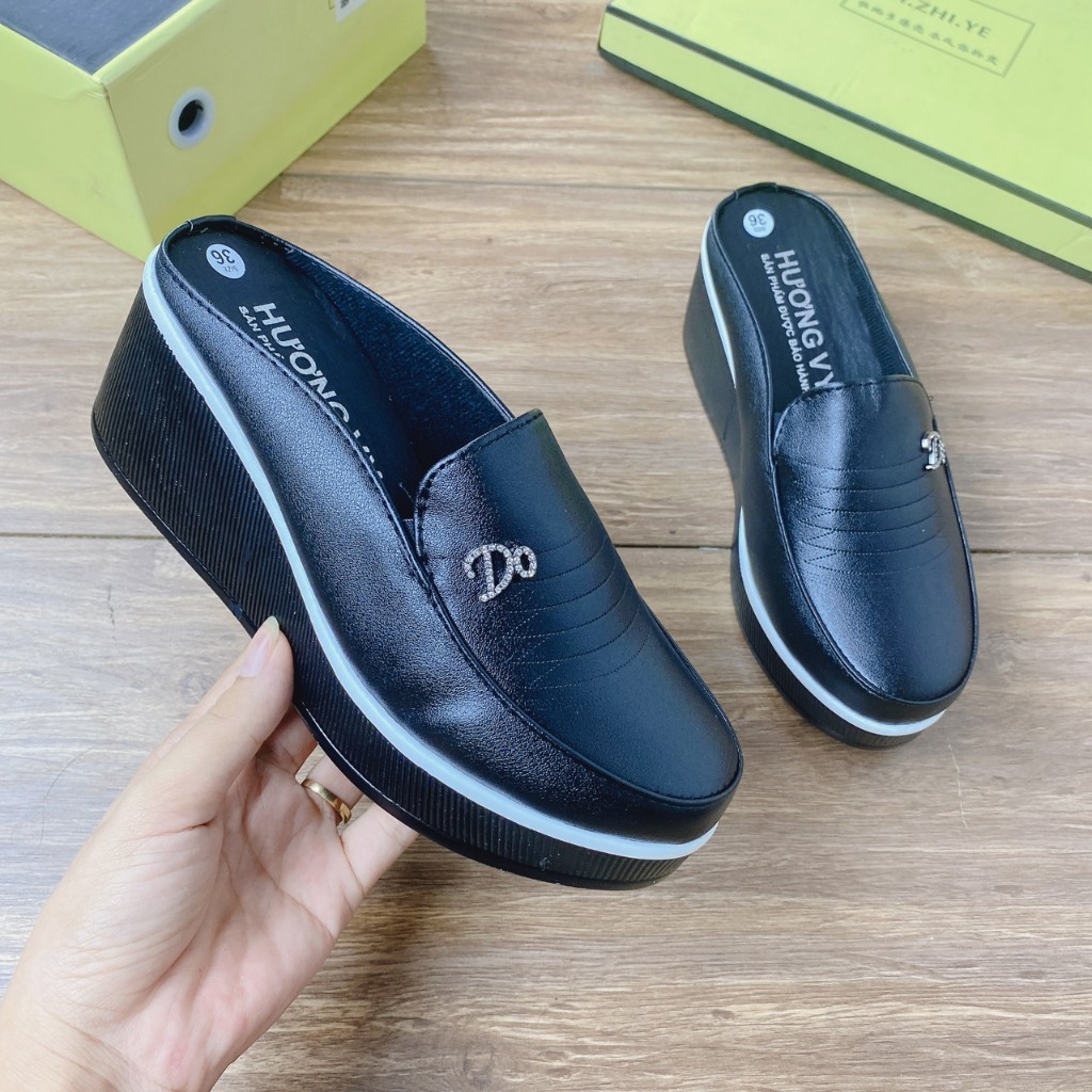 Giày sục nữ chất da lì gót 7cm dáng trung niên mã M2