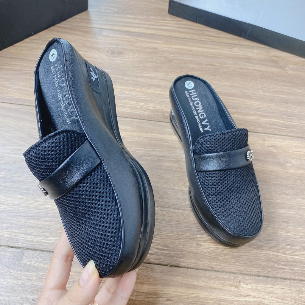 Giày sục nữ chất da pha lưới gót 7cm êm chân mã M5