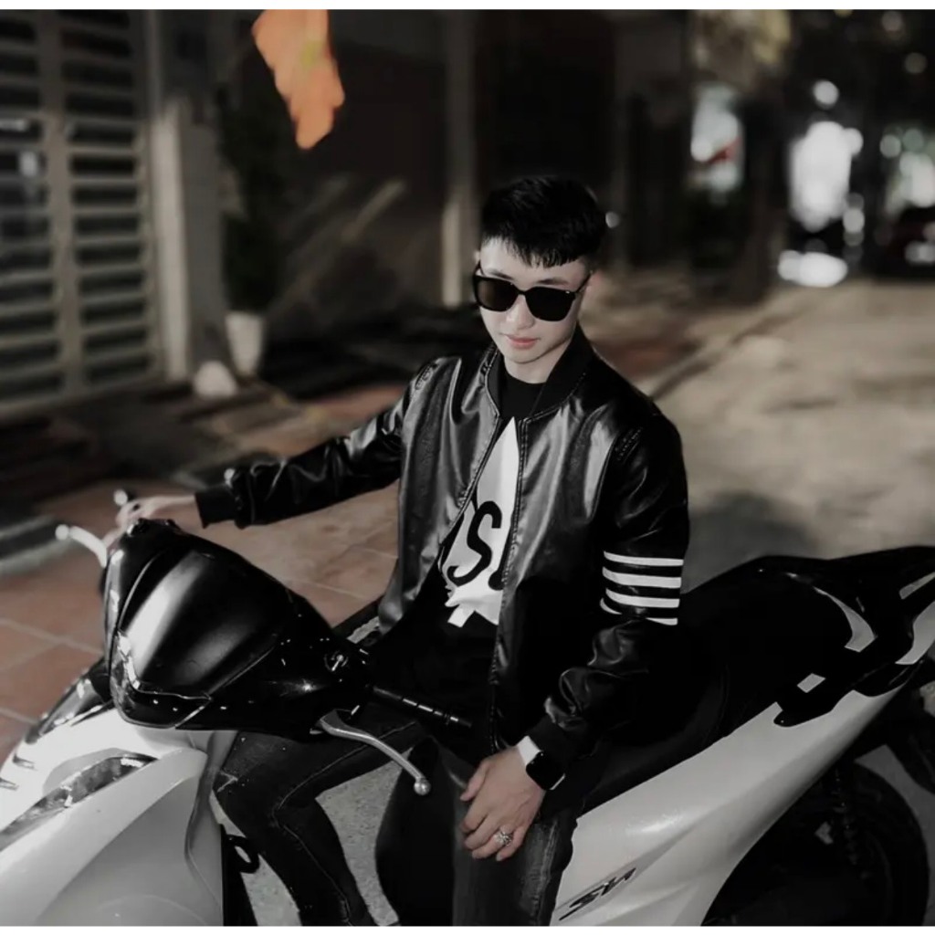 Áo Khoác Bomber Thom 4 Vạch Trắng Chất Da Cao Cấp