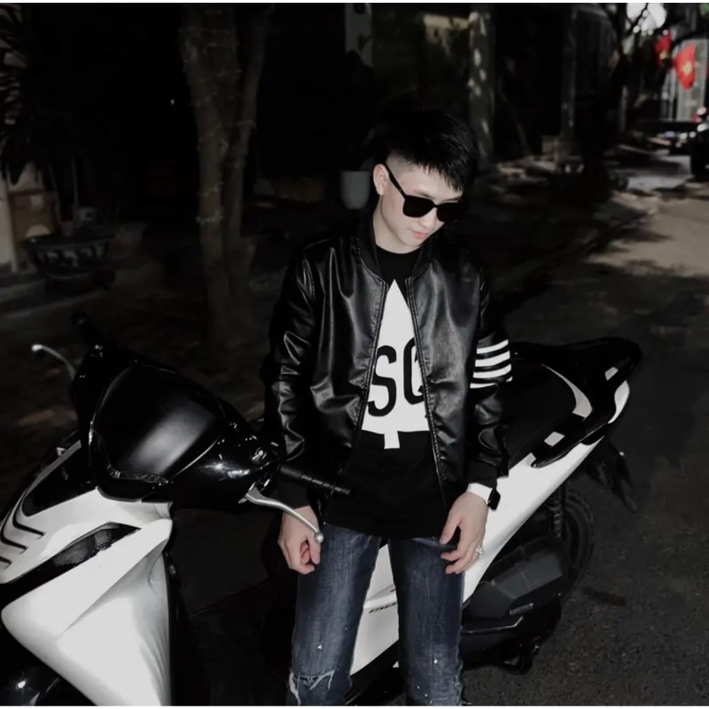 Áo Khoác Bomber Thom 4 Vạch Trắng Chất Da Cao Cấp