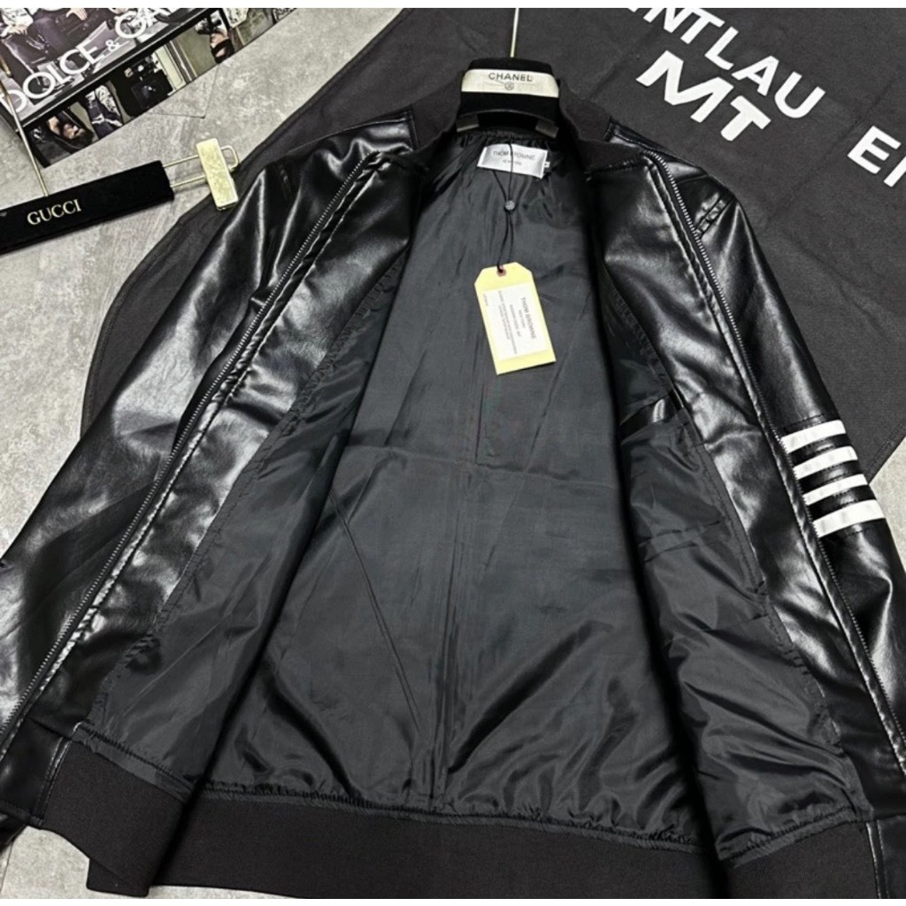 Áo Khoác Bomber Thom 4 Vạch Trắng Chất Da Cao Cấp