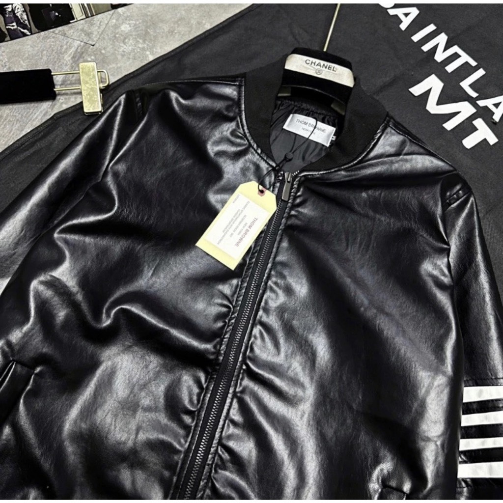 Áo Khoác Bomber Thom 4 Vạch Trắng Chất Da Cao Cấp