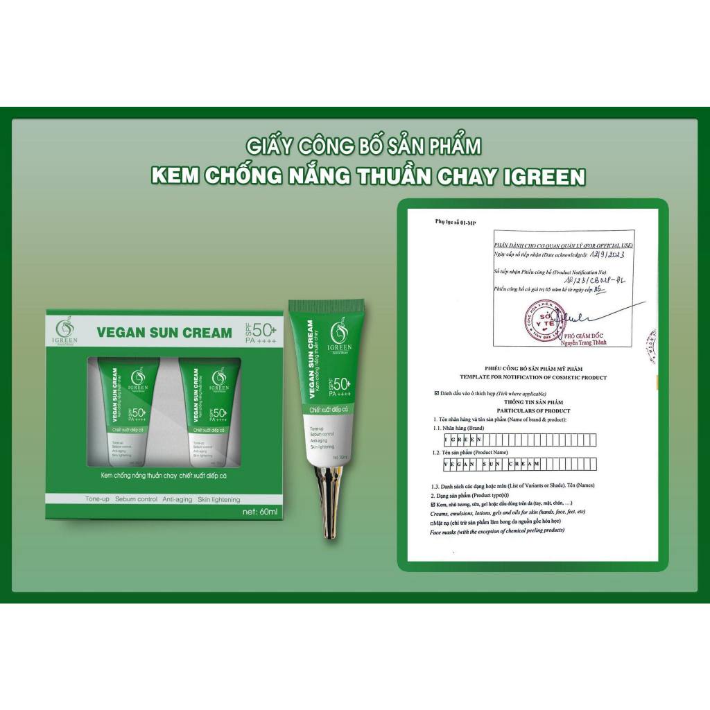 Kem Chống Nắng Thuần Chay Nâng Tone Chiết Xuất Diếp Cá IGREEN – 60ml SPF 50+ PA ++++