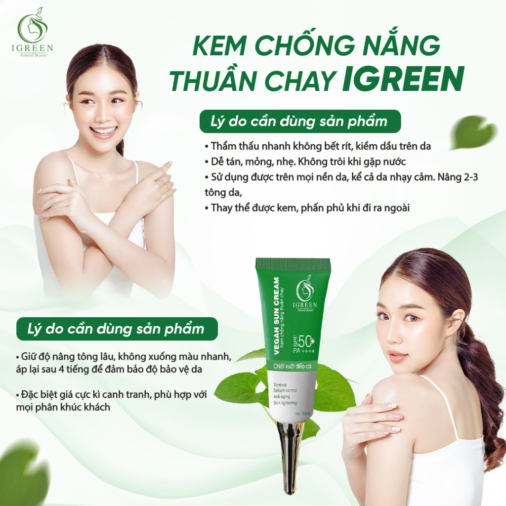 Kem Chống Nắng Thuần Chay Nâng Tone Chiết Xuất Diếp Cá IGREEN – 60ml SPF 50+ PA ++++