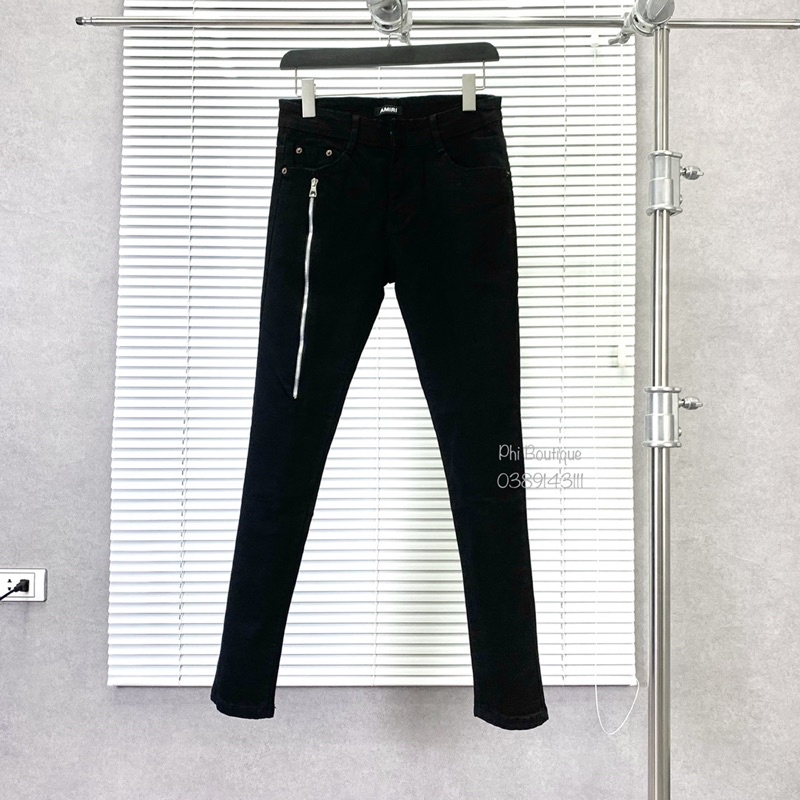Quần Jean Nam Đen Trơn Phối Khoá Kéo Gối Dáng Slim Fit