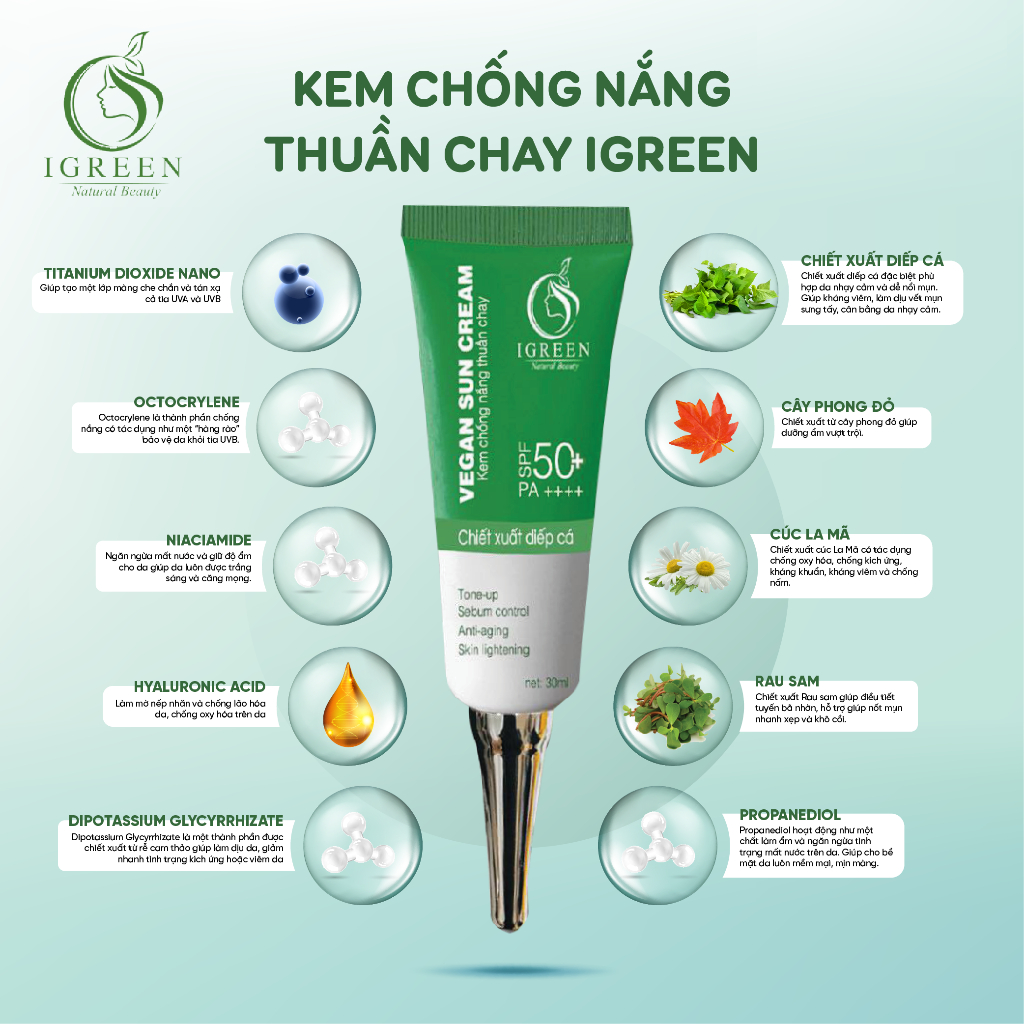 Kem Chống Nắng Thuần Chay Nâng Tone Chiết Xuất Diếp Cá IGREEN – 60ml SPF 50+ PA ++++