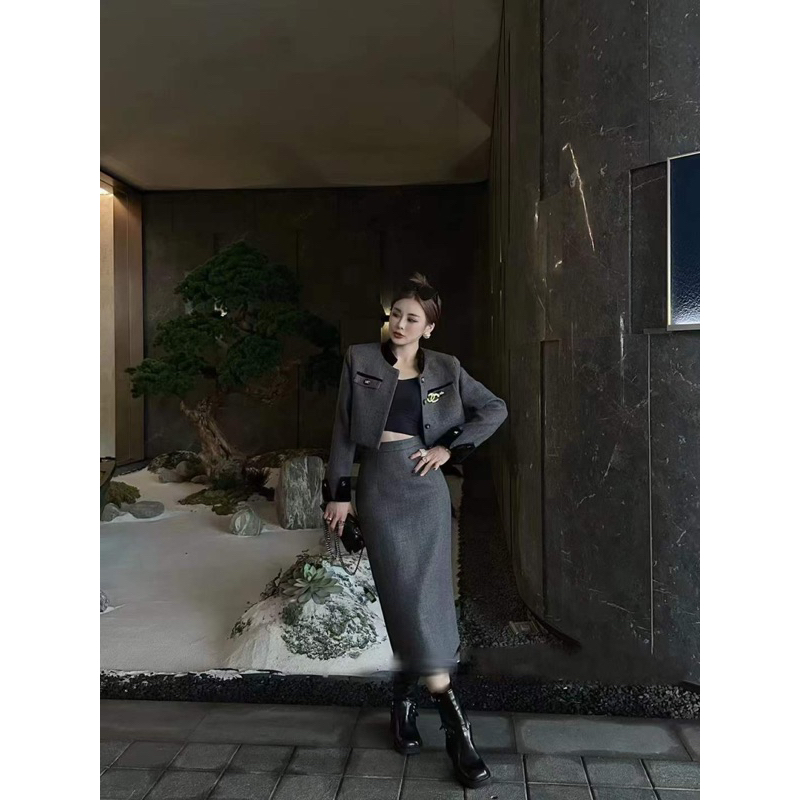 9226 Set dạ áo cổ tàu kèm tag và chân váy bút chì