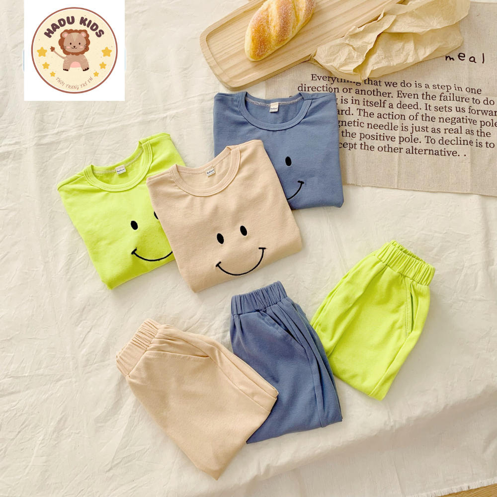 Pijama cho bé, đồ ngủ bé trai, bé gái DÀI TAY chất THUN MỀM THÊU MẶT CƯỜI  mềm mại, đường may đẹp - HADU KIDS 7-27kg