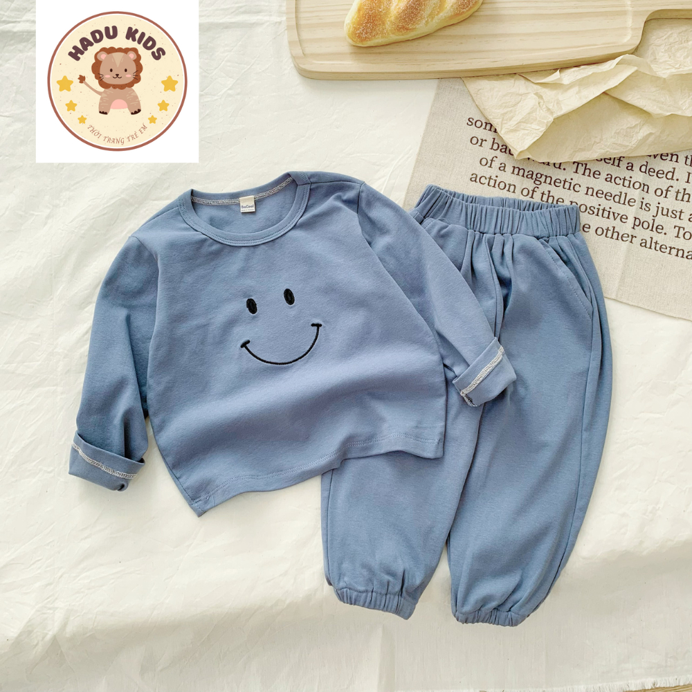 Pijama cho bé, đồ ngủ bé trai, bé gái DÀI TAY chất THUN MỀM THÊU MẶT CƯỜI  mềm mại, đường may đẹp - HADU KIDS 7-27kg
