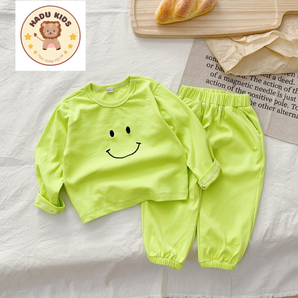 Pijama cho bé, đồ ngủ bé trai, bé gái DÀI TAY chất THUN MỀM THÊU MẶT CƯỜI  mềm mại, đường may đẹp - HADU KIDS 7-27kg
