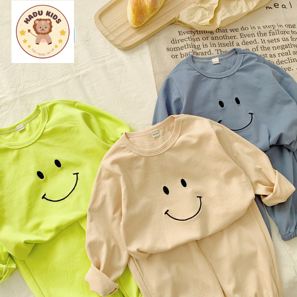 Pijama cho bé, đồ ngủ bé trai, bé gái DÀI TAY chất THUN MỀM THÊU MẶT CƯỜI  mềm mại, đường may đẹp - HADU KIDS 7-27kg