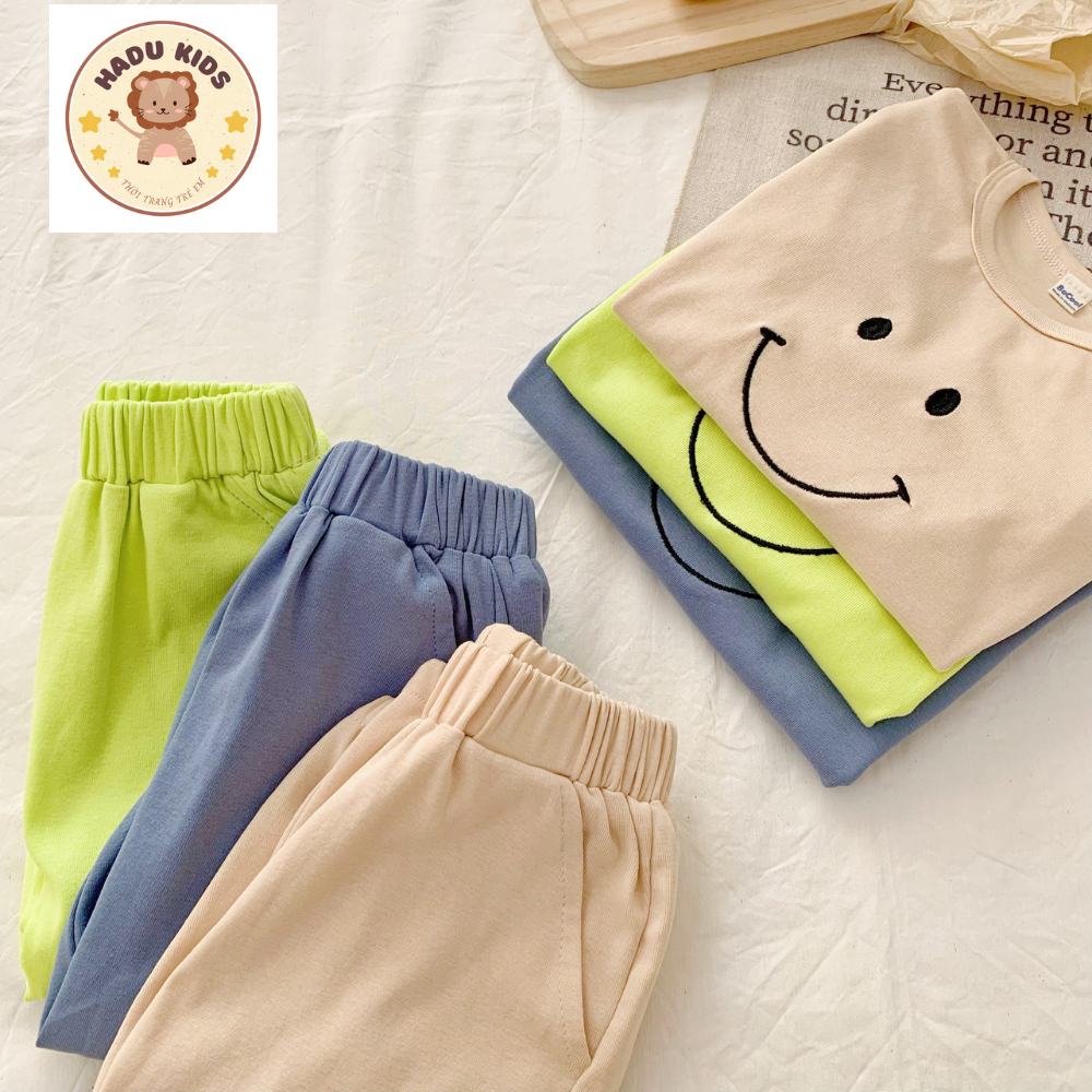 Pijama cho bé, đồ ngủ bé trai, bé gái DÀI TAY chất THUN MỀM THÊU MẶT CƯỜI  mềm mại, đường may đẹp - HADU KIDS 7-27kg