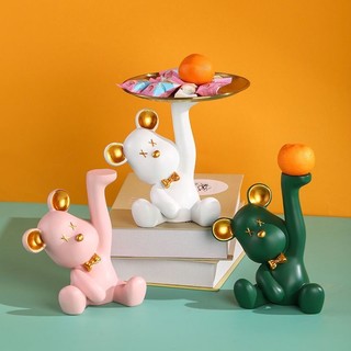 Tượng gấu cầm đĩa để hoa quả bánh kẹo, đĩa gấu cầm đĩa để thìa khóa đồ vật trang trí nhà cửa