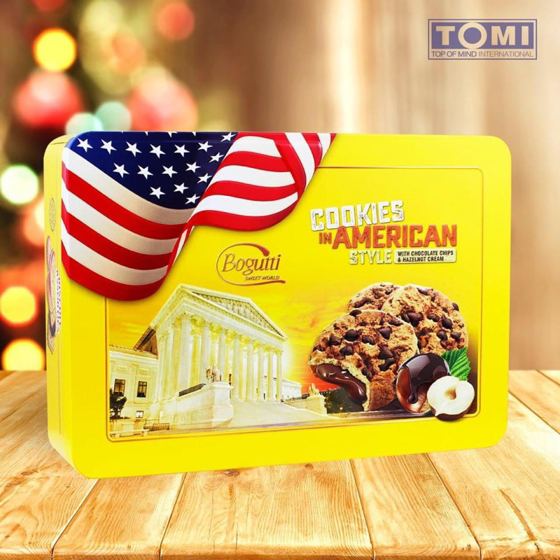 Bánh Quy Chocolate Chips Hạt Phỉ Và socola hiệu Bogutti American Style – Hộp Thiếc 450g Nhập khẩu Ba Lan