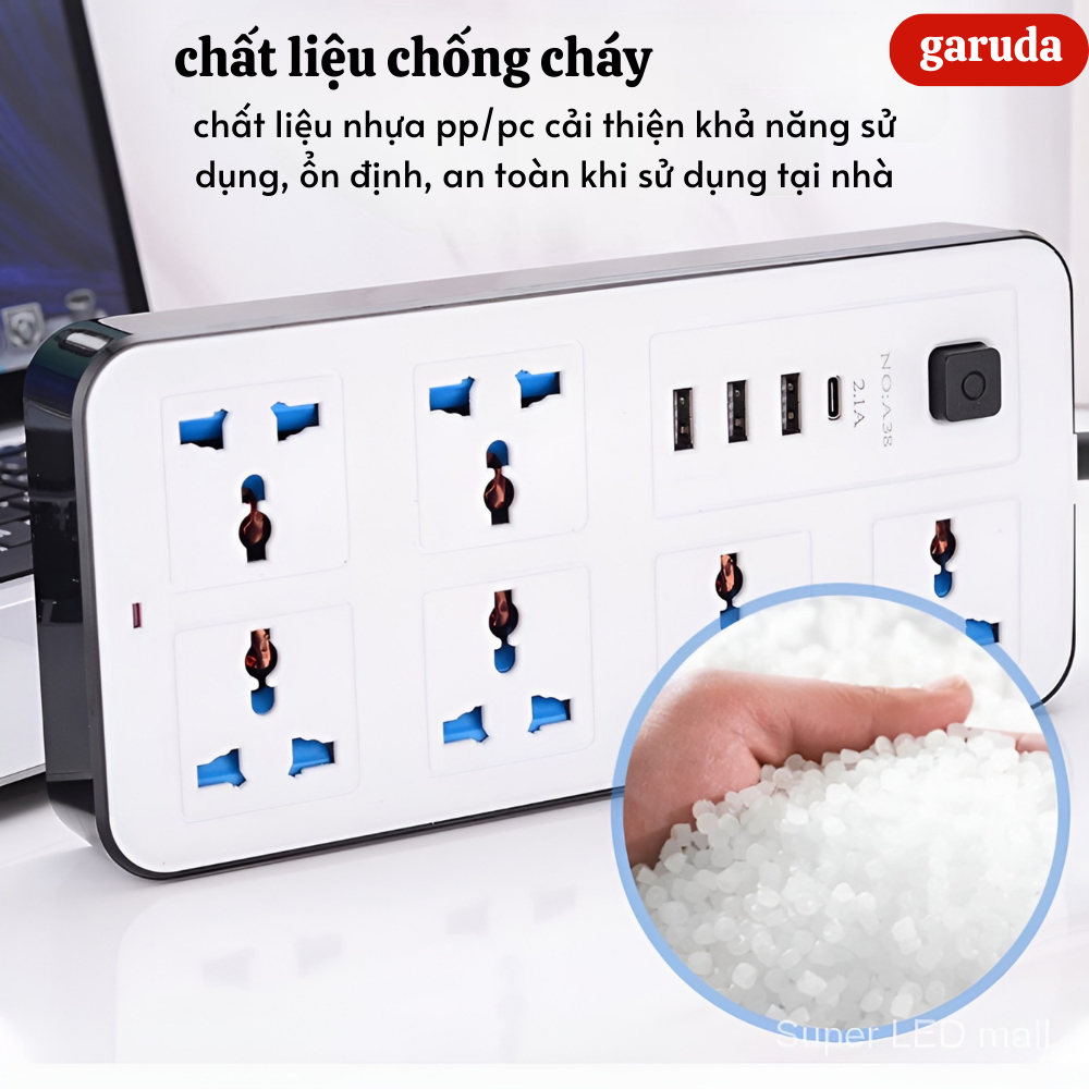 Ổ điện đa năng chính hãng GARUDA 3 cổng USB 15v sạc nhanh, 1 type c, chống cháy, ổ chịu tải 2500W, chất liệu nhựa pp