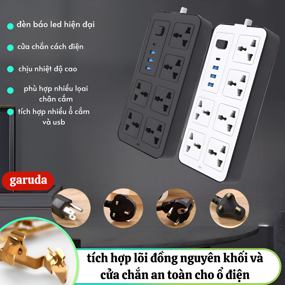 Ổ điện đa năng chính hãng GARUDA 3 cổng USB 15v sạc nhanh, 1 type c, chống cháy, ổ chịu tải 2500W, chất liệu nhựa pp