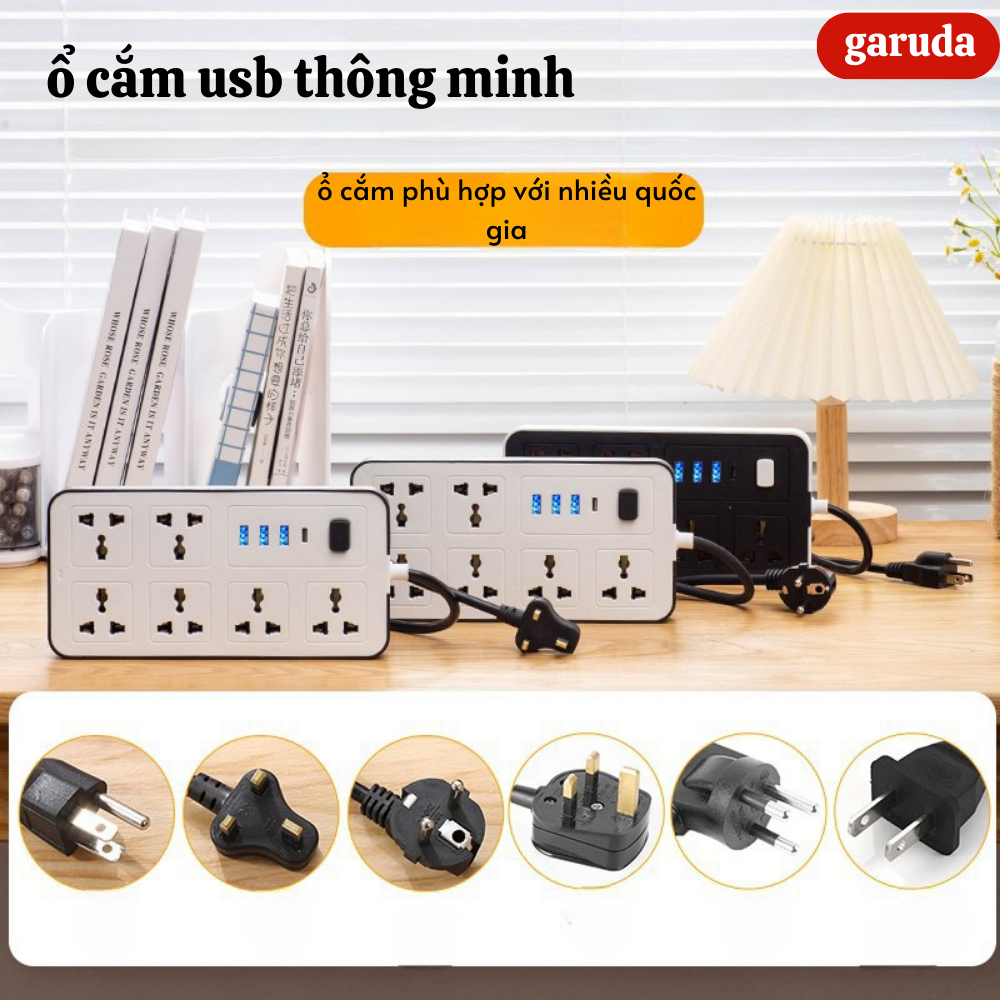 Ổ điện đa năng chính hãng GARUDA 3 cổng USB 15v sạc nhanh, 1 type c, chống cháy, ổ chịu tải 2500W, chất liệu nhựa pp