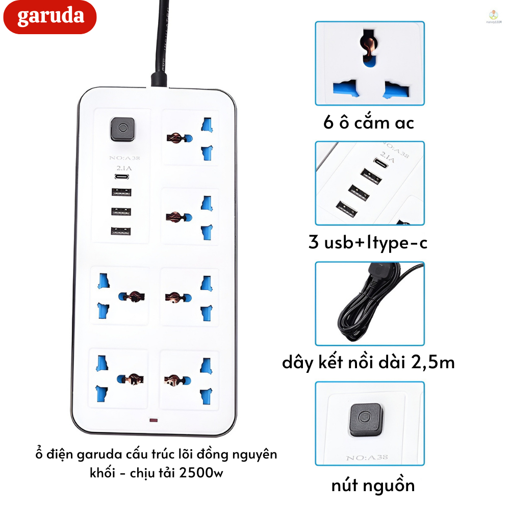 Ổ điện đa năng chính hãng GARUDA 3 cổng USB 15v sạc nhanh, 1 type c, chống cháy, ổ chịu tải 2500W, chất liệu nhựa pp