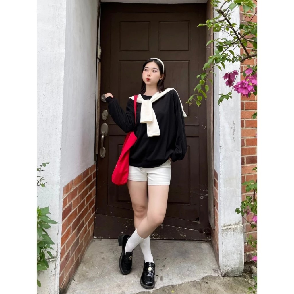 Áo sweater thủy thủ tặng kèm khăn rời, áo nỉ tăm trơn dài tay form rộng basic nhiều màu - TIva Shop A62