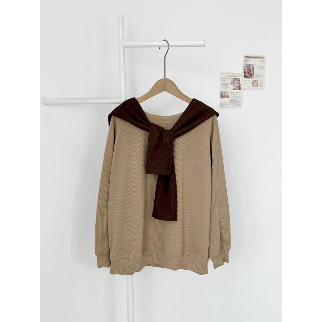 Áo sweater thủy thủ tặng kèm khăn rời, áo nỉ tăm trơn dài tay form rộng basic nhiều màu - TIva Shop A62